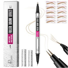 Curved Eyebrow Pencil with 10Pcs Stencils, 2-in-1 Dual-Ended Microblading Eyebrow Pen with Curved Brush-Tip and Fork-Tip for Hair-Like Brows, Waterproof Eyebrow Pencils for Women, Light Blonde
