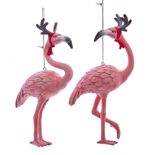 Kurt Adler Flamingo Ornaments Wearing Reindeer Antler Headbands Set of