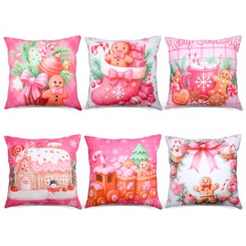 Fanfanwin 6 Pcs Pink Christmas Gingerbread Throw Pillow Covers 18 x 18 Inch Gingerbread House Truck Hot Cocoa Pink Christmas Decorative Pillow Cases for Xmas Sofa Couch Decor (Classic)