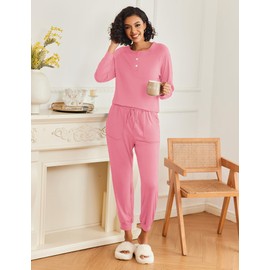 Ekouaer Womens Pajamas Long Sleeve Pjs Soft Jogger Sets Comfy Loungewear 2 Piece Lounge Sets with Pockets S-XXL Rose