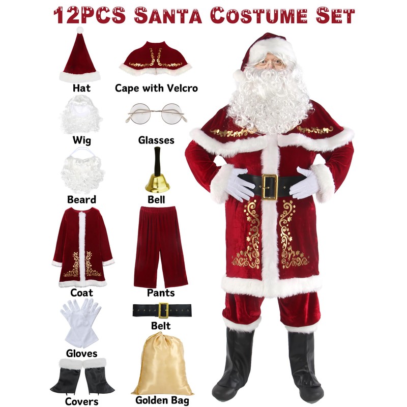 Men’s Santa Costume Set Christmas 12pcs Deluxe Velvet Adult Santa