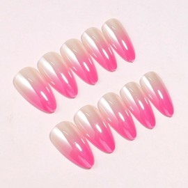 False Nails - Gradient White Pink Chrome Press On Nails - Medium Almond French Tip False Nails - Glazed Stiletto Fake Nails With Glue - Full Cover Stick On Nails For Women Girls Daily Party Wear
