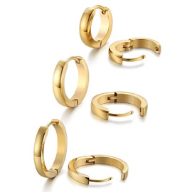 FIOROYAL 3 Pairs Stainless Steel Earrings Men Women Hoop Earrings Huggie Ear Piercings Hypoallergenic Earrings Men Silver Gold 12/16/20 mm, stainless steel