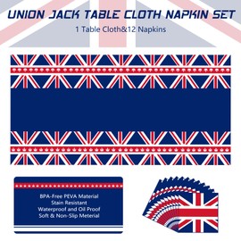Runmeihe 274 * 137cm Union Jack Table Cloth with Napkin, 2023 Table Cloth, Plastic Union Jack Table Cover, for Royal Event Street Party Great Britain Celebrations