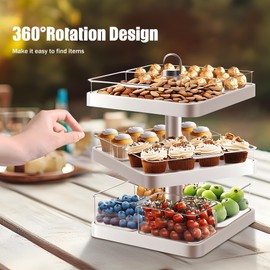 3 Tier Serving Tray for Kitchen Decor, Rotating Tiered Tray Stand with Handles and 8 Removable Compartments, Food Serving for Nuts, Cupcakes, Fruits and Cookies
