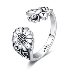 Spoon Ring for Women Men 925 Sterling Silver Bee Flower Rings Open Adjustable Vintage Thumb Rings Jewelry Gifts, Silver