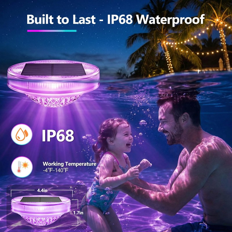 Solar Floating Pool Lights, IP68 Waterproof RGB Pool Lights with