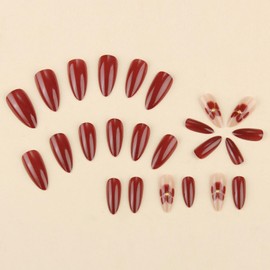 MISUD Fall Press on Nails Almond Medium Fake Nails Glossy Glue on Nails Wine Red Flower Acrylic Nail Supplies Stiletto Artificial Nail Art Burgundy Stick on False Nails with Design DIY 24 pcs
