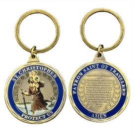 DFFDFF St Christopher Protect Us Challenge Coin keychain Patron Saint of Travelers Prayer Commemorative Coin keychains for Travelers