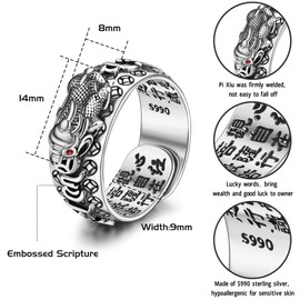 MILACOLATO Feng Shui Ring S990 Sterling Silver Feng Shui PiXiu Adjustable Ring 18K White Gold Plated Solid PiXiu MANI Mantra Protection Wealth Band Ring for Men Women