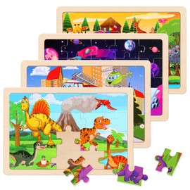 Wooden Puzzles Toys for Kids Ages 3-5, Set of 4 Packs Dinosaur, Space, Transportation Wood Toddler Puzzles, Preschool Brain Teaser Toys for Boys and Girls 2 3 4 5 6 Years Old
