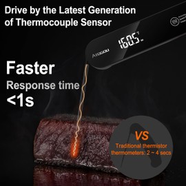 Atogou The Latest Food Thermometer. Faster: <1 Second Response time. More Accurate: ±0.5°F (0.3°C), IPX7 Waterproof, for Meat/Candy/Grill/BBQ etc. TH-22 Black