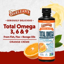 Barlean's Total Omega 3 6 9 Liquid Fish Oil Supplement with Borage and Flaxseed Oil, Orange Crème, 2,400 mg of EPA, DHA and GLA Fatty Acids, 16 oz