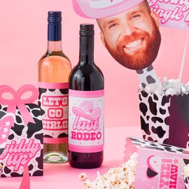 Big Dot of Happiness Last Rodeo - Pink Cowgirl Bachelorette Party Decorations for Women and Men - Wine Bottle Label Stickers - Set of 4