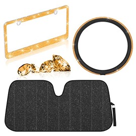 Gold Diamond Crystal Bling Car Steering Wheel Cover with Matching Rhinestone License Plate Frame and Black Diamond Windshield Sunshade Set for Car Truck Van SUV