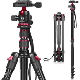Tripod for Camera, Professional DSLR Camera Tripod, Expandable to 210 cm Monopod, with 360° Swivel Head, Carry Bag, Tripod Can Carry 8 kg (Red)