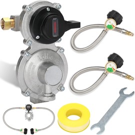 2 Stage Changeover Propane Regulator with Two 18" RV Pigtail Propane Hoses with Gauge Stainless Braided QCC1 1/4" Inverted Male Flare for RV 2 Tank Auto Changeover Regulator Cylinder 210,000 BTU