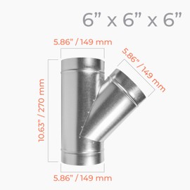 HVAC OV 45° Degree Ø6 x 6 x 6 Inch Wye-Shape Duct Splitter - Metal 3 Way Fitting Adapter - Galvanized Steel - Spiral Duct Hose Dryer Connector - Home or Industrial HVAC Exhaust, Intake Ventilation