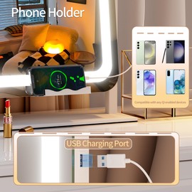 Hasipu Vanity Mirror with Lights, 40" x 29" LED Makeup Mirror, Light up Mirror with 10X Magnification and Phone Holder, USB Charging Port, Smart Touch 3 Colors Dimmable (White)