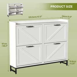 Wooden Shoe Cabinet with 4 Flip Drawers, Narrow Hidden Closed Shoe Rack Storage Organizer with Adjustable Shelf, Freestanding Shoe Cabinet Storage for Entryway, Hallway, Living Room (Linen White)
