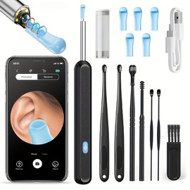 6-in-1 Wireless Earwax Removal Kit with Camera and Light, 6pcs Silicone Accessories for iOS and Android - Easy and Safe Ear Cleaning at Home - Colour: B6 Black