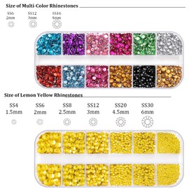 Nail Rhinestones 4520PCS 1.5-6mm Colorful Lemon Yellow Round Flatback Crystal Shine Diamonds for DIY Crafts Nail Art