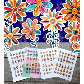 Stickers Pack (Over 150 Stickers) Bright Colourful Cartoon Daisies Vintage Styled Small Vinyl Stickers White Holographic Transparent