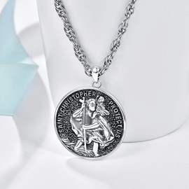 TANGPOET Saint Christopher Necklace 925 Sterling Silver Religious Jewellery Catholic Medal Protection Amulet for Men Women