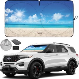 Autoamerics 1-Piece Windshield Sun Shade - Sunny Beach Design Foldable Car Front Window Sunshade for Cars SUV Truck Heat Blocker Visor Protector Blocks Max UV Rays and Keeps Your Vehicle Cool - Medium