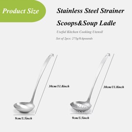 Stainless Steel Cooking Spoon, Serving Spoon and Ladle, Set of 2 with Hanging Hook and Hole, Soup Spoon Set Stainless Steel for Kitchen