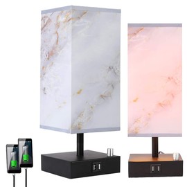 AMUMO Dual USB Table Desk Lamp, Bedside Nightstand Lamp, Fabric Unique Lampshde,Convenient Pull Chain for Bedroom Living Room(Pack of 2) TY-802