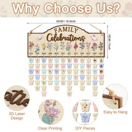 CHDITB Wooden 3D Family Celebrations Birthday Calendar Wall Hanging(16”x7”), DIY Birth Month Flowers Family Birthday Reminder Tracker with Tags, Custom Mother Gifts for Grandma