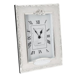 Happy Homewares Traditional 25th Anniversary Clock in White Epoxy with Silver Plated Roses and Clear Diamante Crystals | Quartz Technology