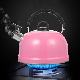 Ciieeo Stove Top Whistling Tea Kettle, Pink Stainless Steel Teakettle Floral Tea Pot with Cool Touch Ergonomic Handle Water Boiler For Coffee Beer Fast Heating Base