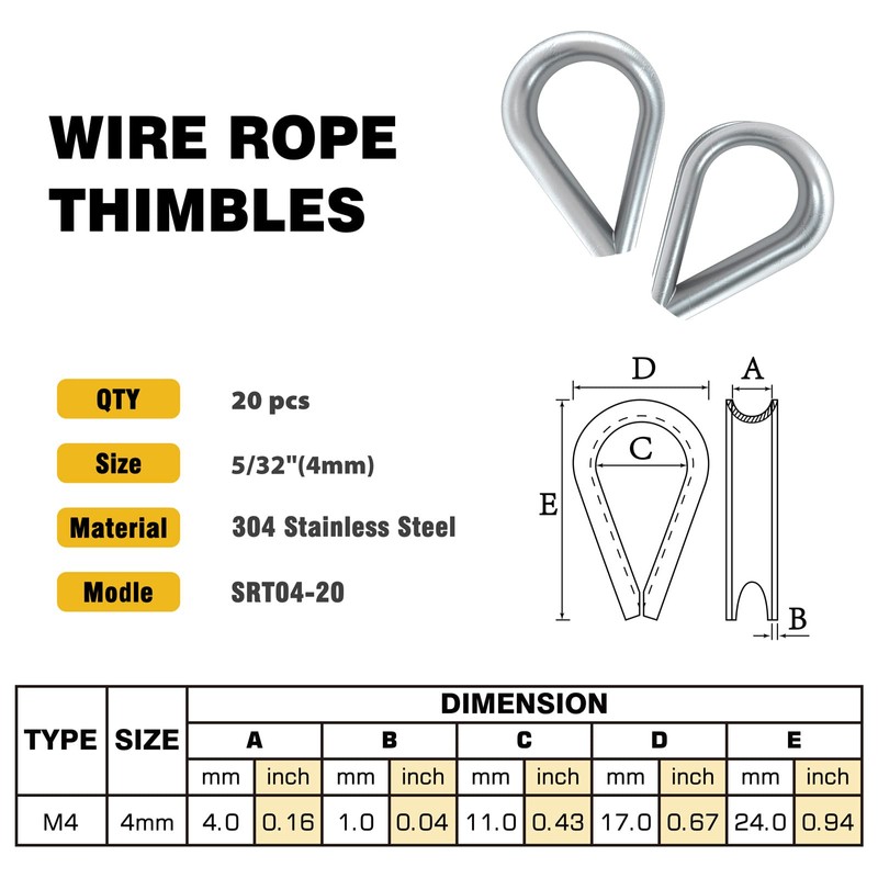 Sanuke 20pcs M4 Stainless Steel Wire Rope Thimbles for 5/32''
