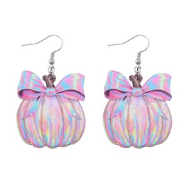 Shiny Pumpkin Drop Earrings Elegant Plaid Bowknot Lamp Ball Pumpkin Wood Earrings Autumn Holiday Jewelry for Women-A