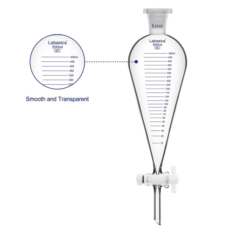 Labasics Graduated Separatory Funnel, 500 ml Heavy Wall Borosilicate Glass