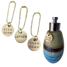 3 Piece Soap Dispenser Labels - Hand, Dish & Lotion Bottle Tag Set - Hand-Stamped Brass or Aluminum - Guest Bathroom & Kitchen Organization - Silver or Gold Color (Gold (Brass))