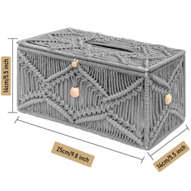 KaloKalo Handmade Tissue Box Cover Decorative Macrame Boho Rectangle Tissue Holder Cotton Rope Woven Napkin Facial Paper Organizer Bohemian Desk Storage Container with Buckle Wood Beads (Grey)