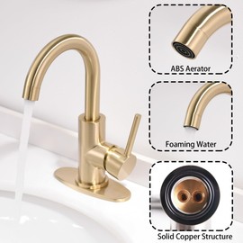 FROPO Gold Bathroom Faucets with Pop-Up Drain, Modern Single Hole Bathroom Sink Faucet with Deck Plate Single Handle Lavatory Faucets Brushed Gold Bar Vanity Faucet
