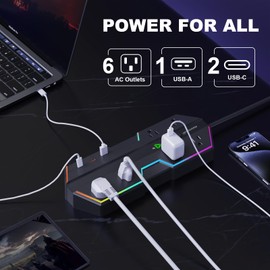 6 Outlet Surge Protector with USB Power Strip (2 USB-C) 6 Ft Extension Cord, LED Light with Full Spectrum Color Select,Compatible with Gaming PC,Black (65W)