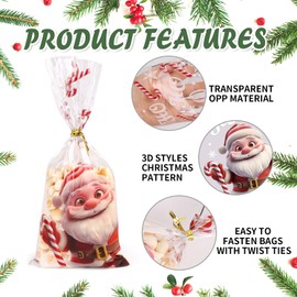 KIMOBER 200pcs Christmas Candy Treat Bags,3D Cartoon Santa Claus Reindeer Snowflakes Gingerbread Cellophane Goodies Bags with Twist Ties for Christmas Party Favor Supplies
