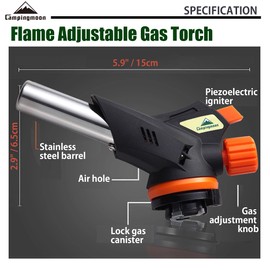 CAMPINGMOON Flame Adjustable Cooking Torch (Butane Gas Fuel Not Included) for Camping BBQ Barbecue MT-2915-BK