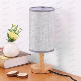 Gray Small Bedside Table Lamp for Bedroom,Natural Round Wood Base&Fabric Linen Shade,Cozy Night Table Light for Study Reading,Minimalist Boho Desk Lamp for Nightstand,Living Room,Nursery,Kitchen,Dorm