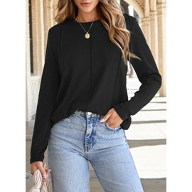EVALESS Long Sleeve Shirts for Women 2025 Trendy Dressy Casual Pleated Crewneck Spring Summer Fall Tops Loose Knit Basic T Shirts Tee Clothes Outfits,Black Small