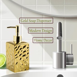 Gelory Hand Soap Dispenser, Gold Soap Dispenser, Ceramic Soap Dispensers for Bathroom, Kitchen, Countertop (Square Gold)