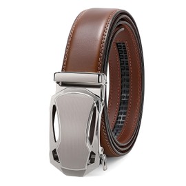 JASGOOD Mens Belt Ratchet Leather Belt Automatic Slide Belt for Men Dress Casual Belt with Adjustable Buckle(Brown-Siver)