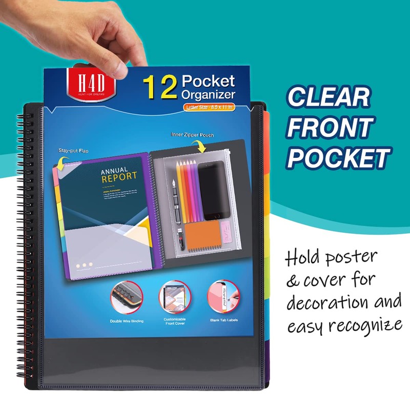 H4D 12 Pocket Poly Project Organizer, Spiral Multi Pocket Folder