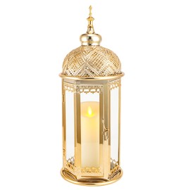 TRIROCKS Moroccan Candle Lantern15'' Gold Hexagonal Candle Holder with Tempered Glass Decorative Indoor Outdoor Ramadan Lantern for Living Room Garden Yard Patio Parties Events (Gold)
