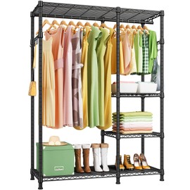 Ulif F4 Heavy Duty Clothes Rack (With Hanger Rod) Freestanding Clothing Racks for Hanging Clothes，Adjustable Closet Organizer System, Portable Garment Rack 45"W x 15.8"D x 71.3"H,Max Load 600LBS,Black